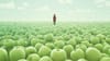 An abstract image of a person standing in a field of green apples